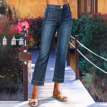 Jean court extensible taille haute pour femmes, tout assorti, en détresse