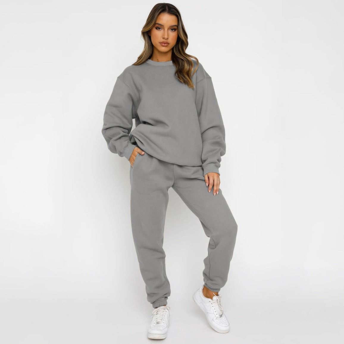 Women's Solid Color Round Neck Pullover Fashion Casual Sweater Suit