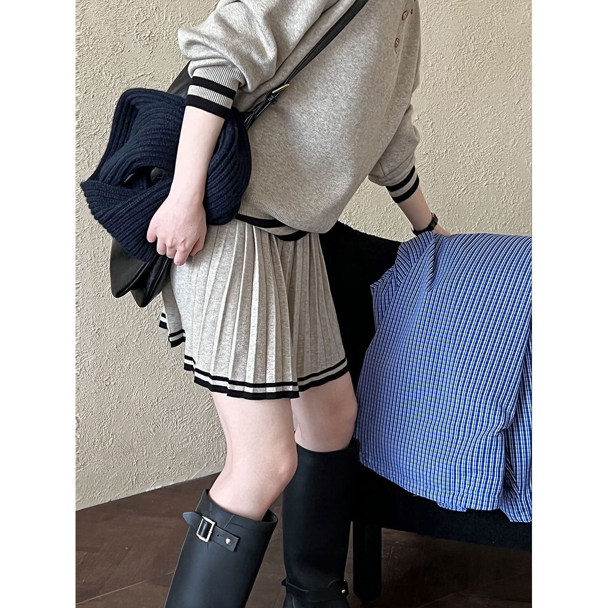 College Polo Collar Sweater High Waist Pleated Half Length Skirt Sets Women Winter