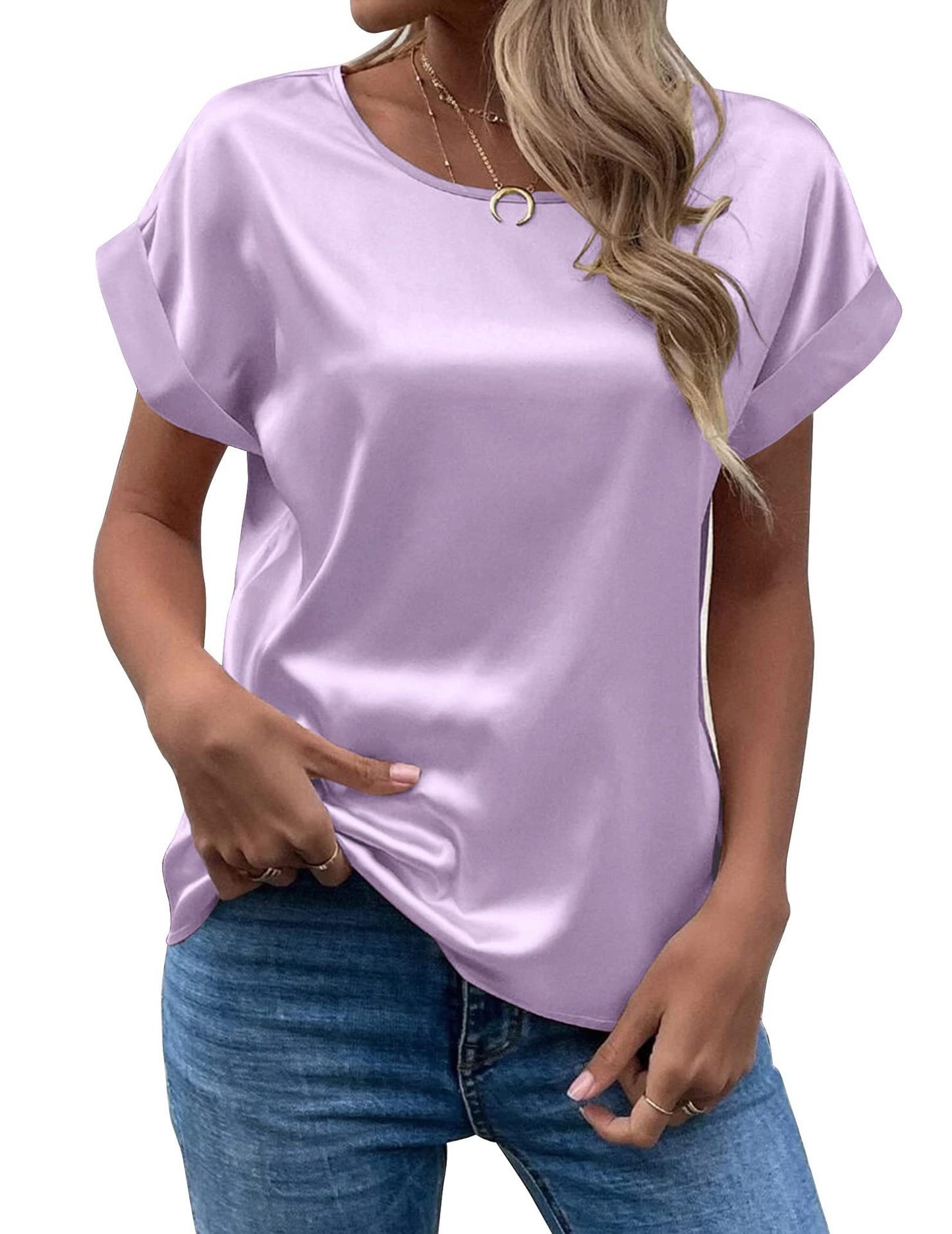 Camiseta recta de mujer con cuello redondo y jersey de satén elegante de oficina de suministro de verano