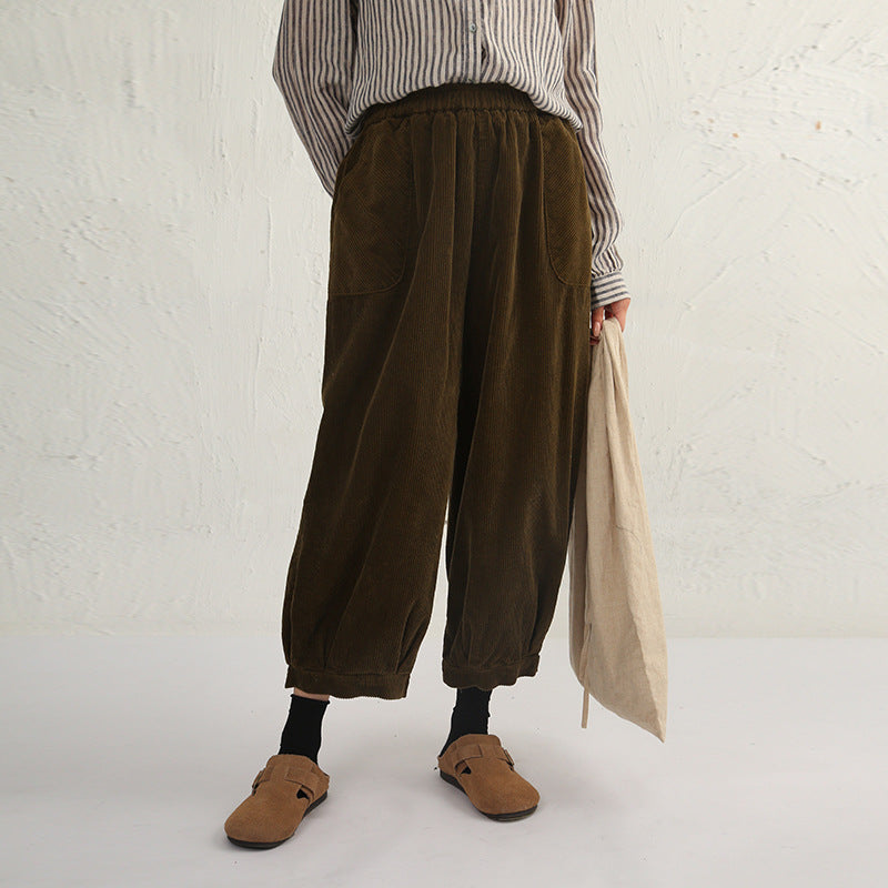 Autumn Winter Corduroy Bloomers Casual Elastic Waist Ankle Tied Loose Warm Can Be Worn outside Home Pants