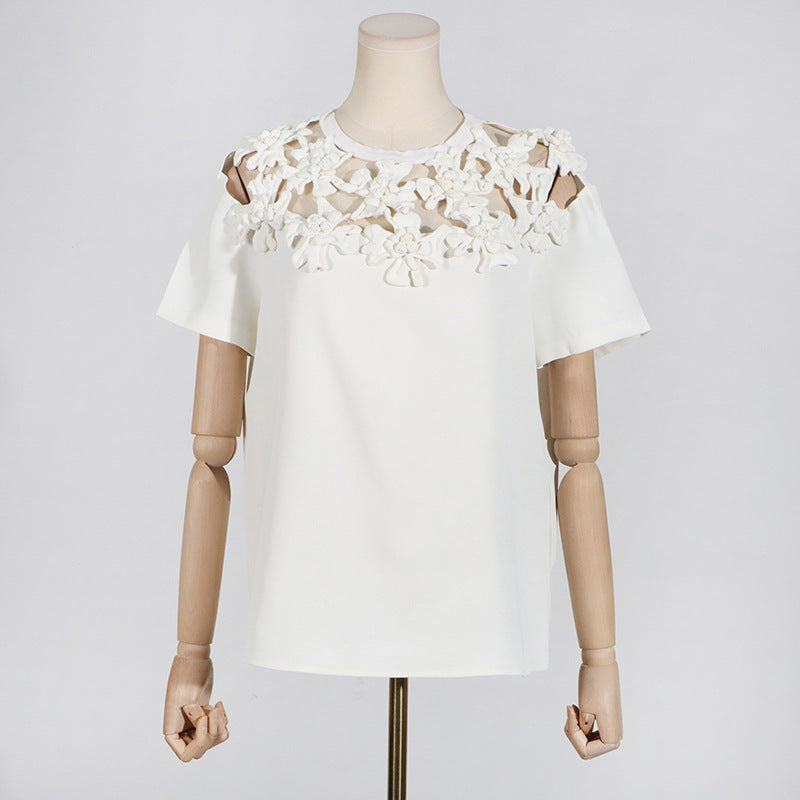 Summer Round Neck Embroidery Floral Stitching All Matching Hollow Out Cutout Short Sleeve T Shirt Top Women