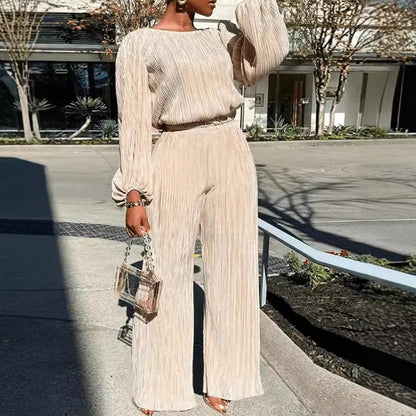 Women Clothing Out Nightclub Loose Casual Pleated Waist Tight Straight Leg Pants Long Sleeve Top Suit