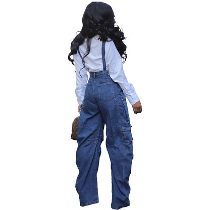 Women Sexy Washed Denim Loose Multi Pocket Suspenders Pants