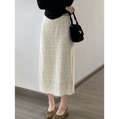 Double High Waist Lace Knitted Skirt for Women Autumn Winter Mid Length Straight Hip Skirt