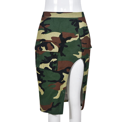 Women Clothing Summer Washed Camouflage Skirt Camouflage Dress with Vents