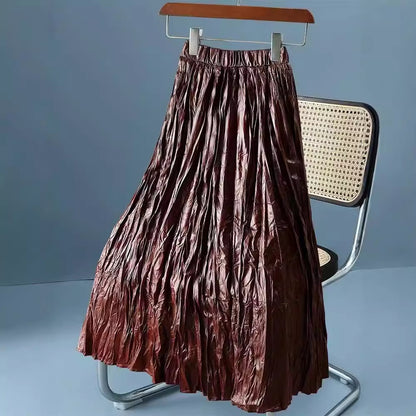 Autumn Pleated High Waist Skirt Women Clothing Leather Skirt Long Pleated A line Skirt