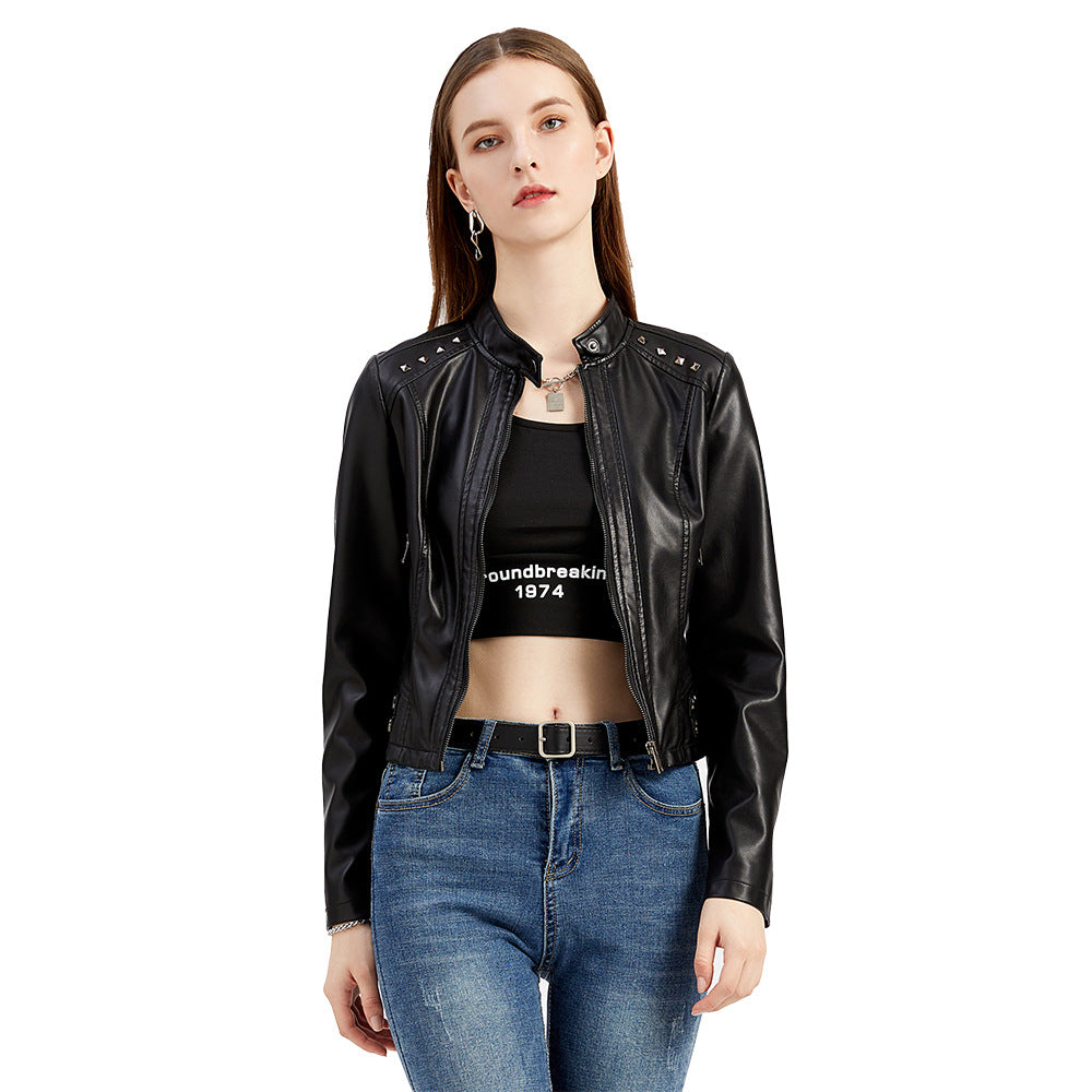 Women Clothing New Rivets Leather Women Short Spring Autumn Jacket Long Sleeve Women Jacket Thin Stand Collar Fashion Jacket