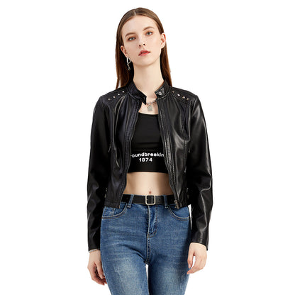 Women Clothing New Rivets Leather Women Short Spring Autumn Jacket Long Sleeve Women Jacket Thin Stand Collar Fashion Jacket