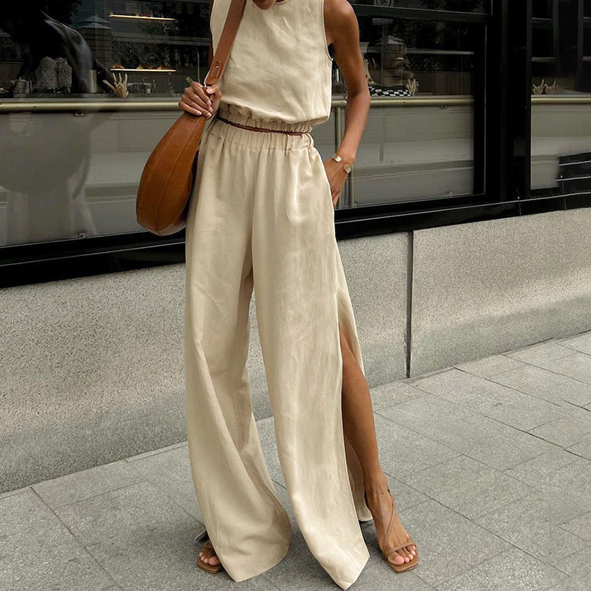 Cotton Linen Sleeveless Vest Split Wide Leg Pants Suit Spring Summer Two Piece Suit Women