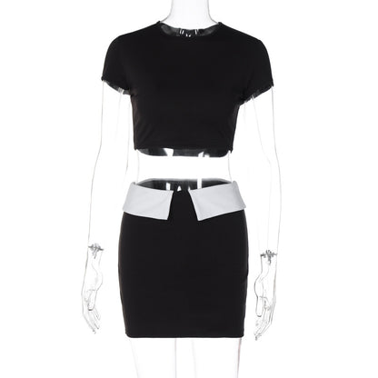 Color Contrast Stitching Two Piece sets Fall Women Short Sleeve Bare Cropped Slim Fit Skirt Outfit