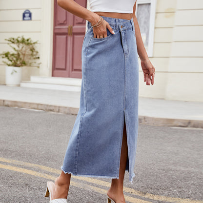 Ropa de mujer Vestido largo con abertura de mezclilla asimétrica irregular lavada de verano