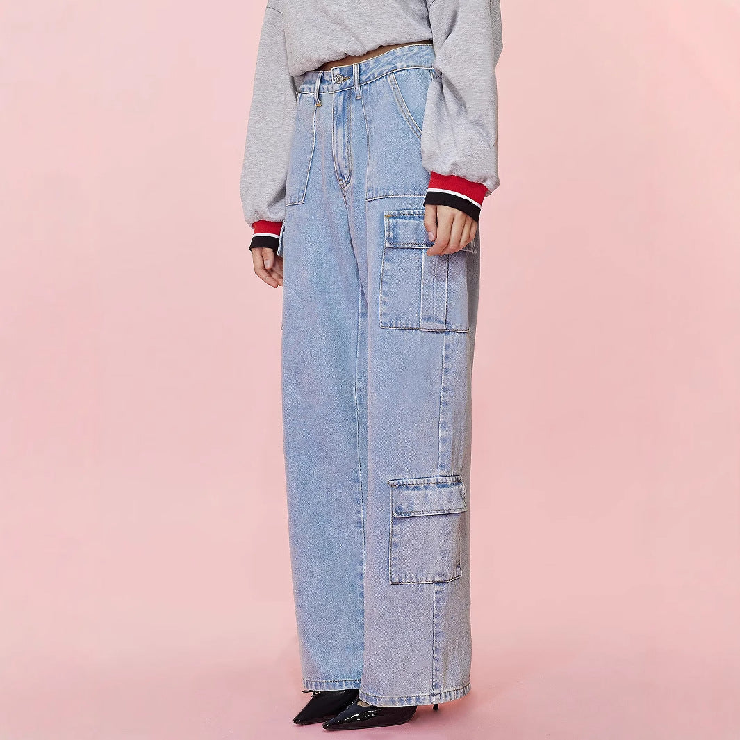 Women Clothing Straight Loose Wide Leg High Waist Tooling Large Pocket Denim Trousers