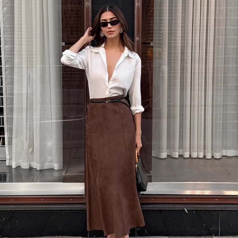 Autumn Winter Retro Fashionable Knitted Brushed Velvet Khaki Slim High Waist Straight Skirt Casual Dress Women