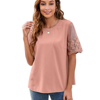 Ropa de mujer Camisa de encaje con cuello redondo Blusa de gasa Top de mujer