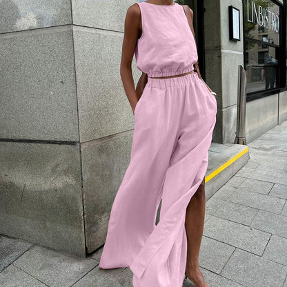 Cotton Linen Sleeveless Vest Split Wide Leg Pants Suit Spring Summer Two Piece Suit Women