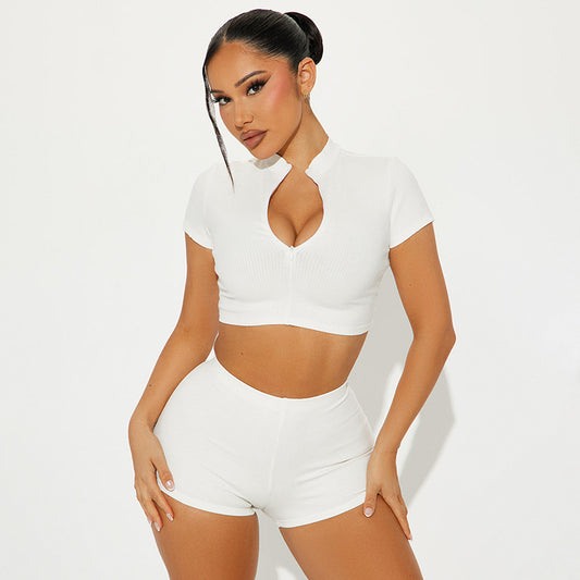 Women Clothing Summer Half Turtleneck Short Sleeve Cropped Top Stretch Shorts Casual Suit