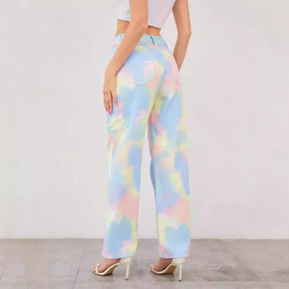 Summer Rainbow Tie Dyed Jeans Women Loose Straight Trousers Trend