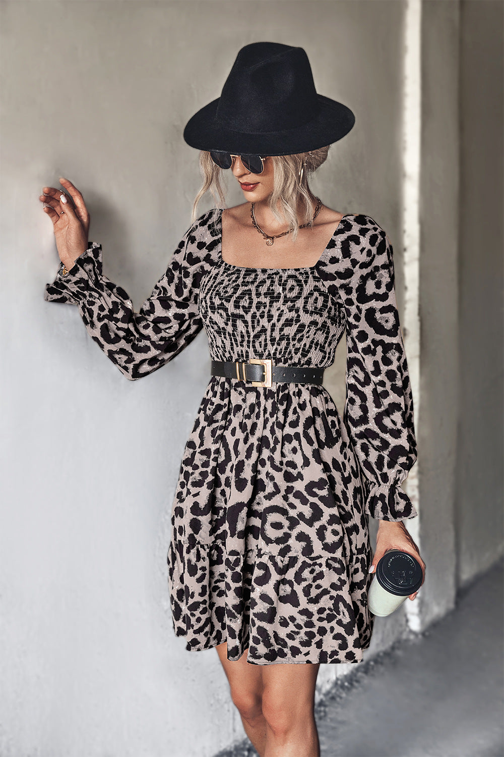 Autumn Women Clothing Classic Smocking Leopard Print Long Sleeve Dress No Belted