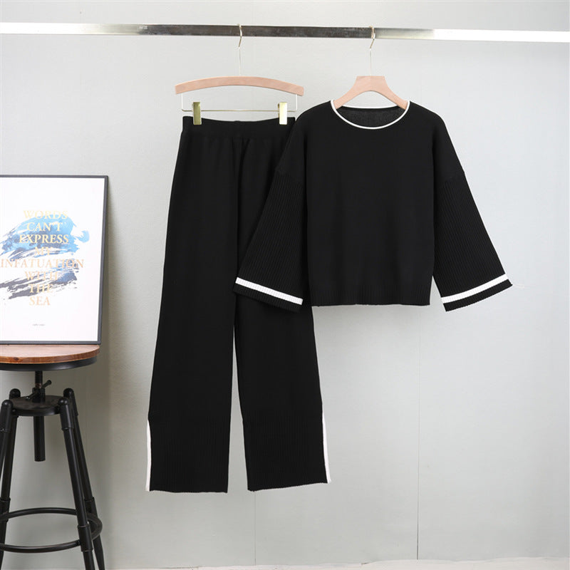 Autumn Winter Suit Knitted Wide Sleeve Top Wide Trousers Two Piece Suit Slimming