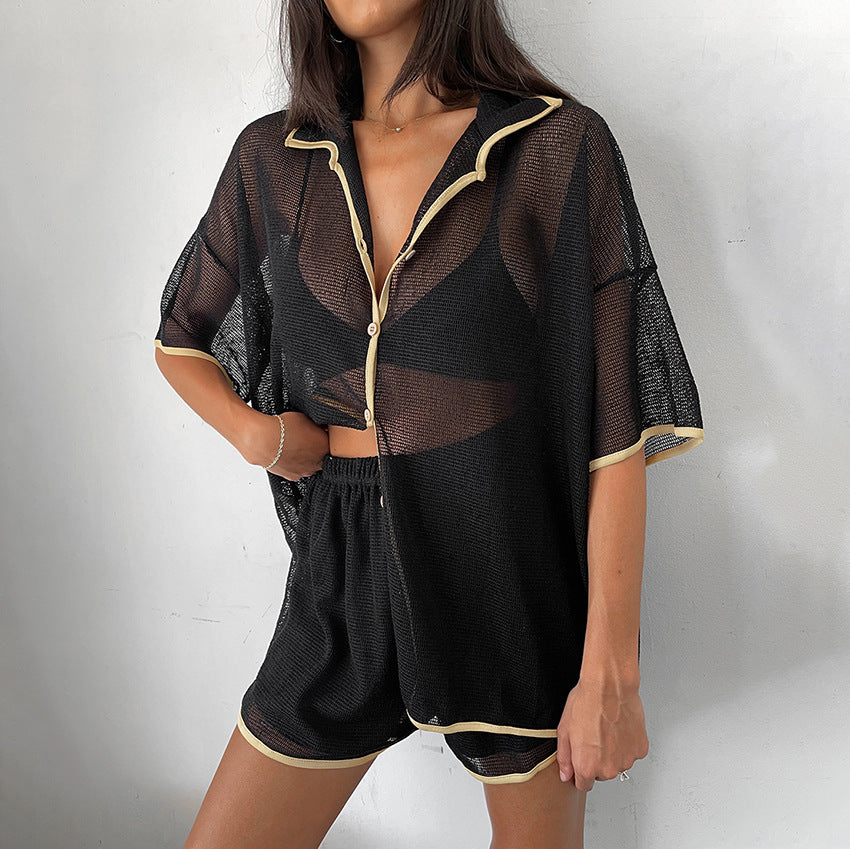 Summer Retro Classic Sexy Patchwork See through Short Sleeve Shorts Set Russia Women Wear Office Two Piece Set