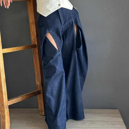 Jeans au design tendance pour femmes, pantalon taille haute tendance d'été, pantalon à jambe droite de haute qualité avec découpes creuses