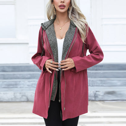 Women Clothing Casual Waist Tight Double Zipper Contrast Color Coat Mid Length Long Sleeve Hood Windbreaker Explosion