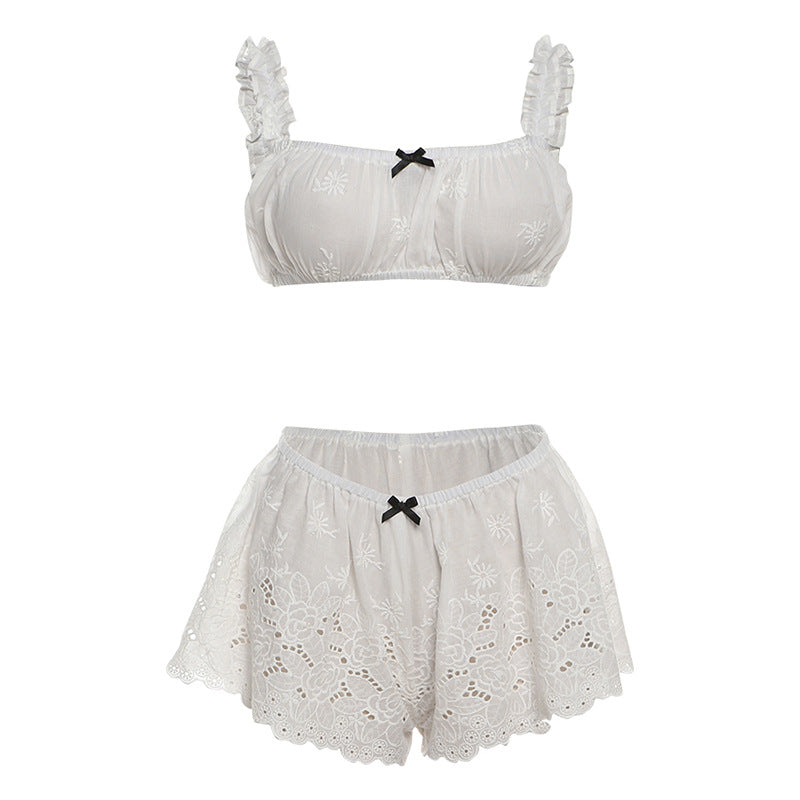 Women Clothing Summer off Neck Bottoming Camisole Sexy Cutout Lace Shorts Set