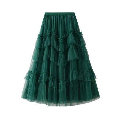 Tiered Dress Spring Mesh Long Skirt Design Skirt Easy Matching Mesh Stitching Pettiskirt