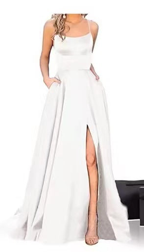 Robe de demoiselle d'honneur longue robe Maxi petite sangle traînante couleur unie robe de soirée cocktail