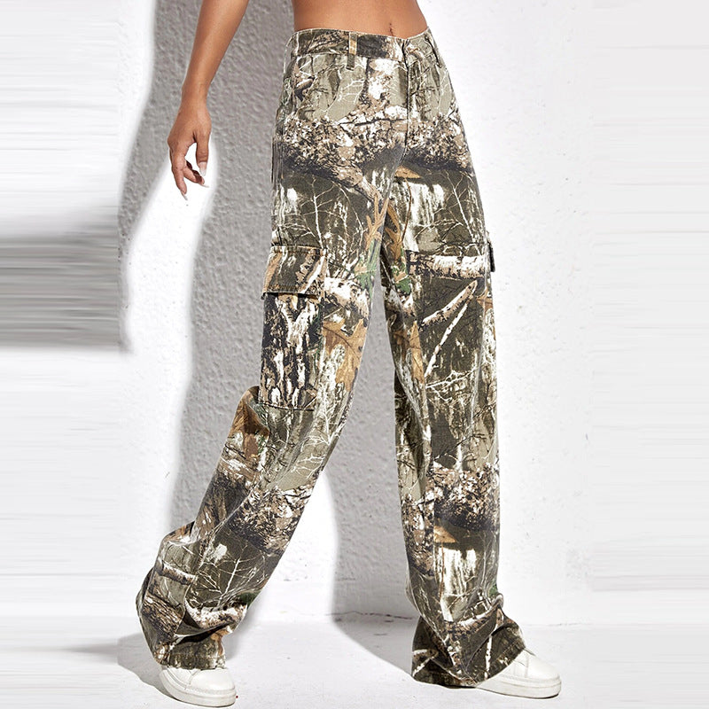 Pantalon de Camouflage imprimé brodé, taille haute, couture, fermeture éclair, Baggy décontracté, pantalon droit pour femmes, printemps