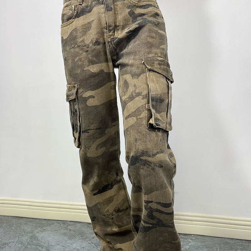 High Street Camouflage vêtements de travail personnalité poche jean femmes rue Hipster jambe droite pantalon pantalon