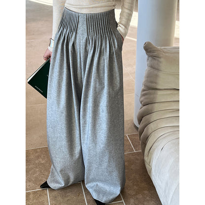 Pantalon de travail plissé pour femme, pantalon à taille haute, jambe large, style Old Money