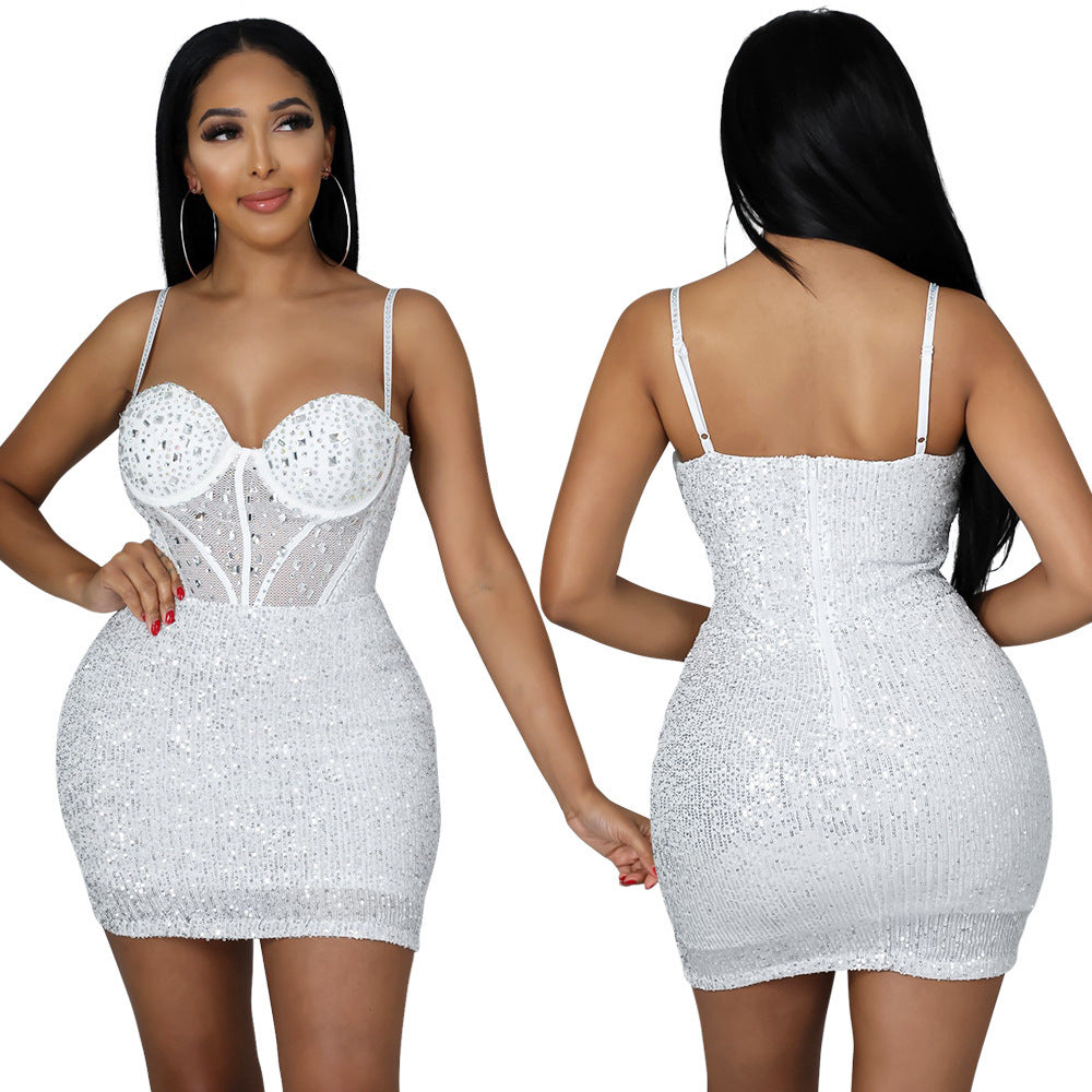 Women Clothing Hip Diamond Embedded Rhinestone Nightclub Party Sequin Cami Dress