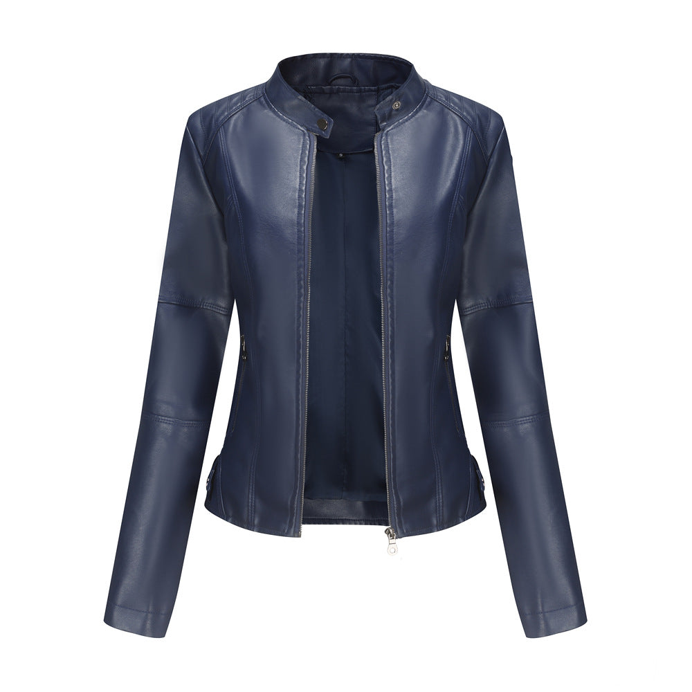 Chaqueta de cuero para mujer, chaqueta fina para mujer, abrigo fino para primavera y otoño, ropa de moto para mujer, chaqueta de cuero con cuello alto