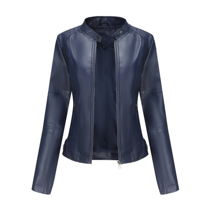 Chaqueta de cuero para mujer, chaqueta fina para mujer, abrigo fino para primavera y otoño, ropa de moto para mujer, chaqueta de cuero con cuello alto