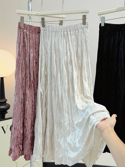 Autumn Winter Korean Pleated Velvet Elastic Waist Skirt Slimming Large Hem Casual A line