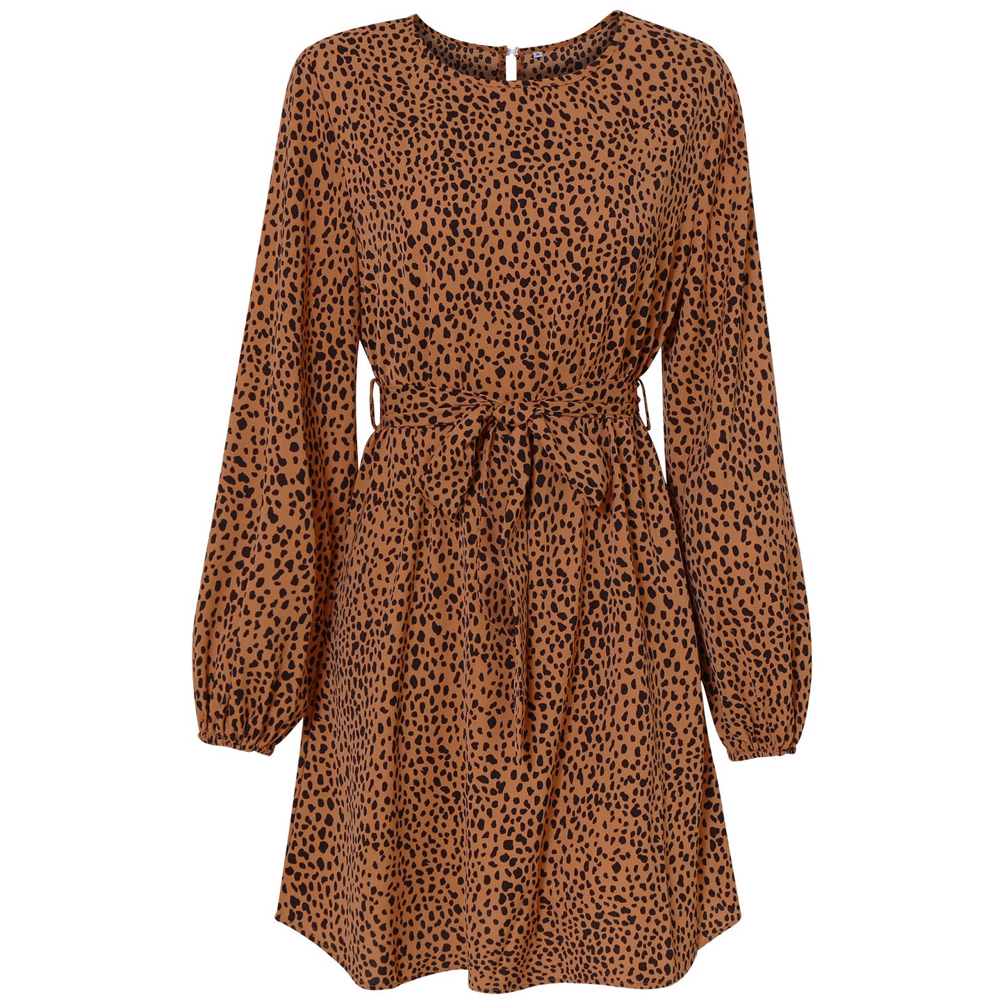 Autumn Winter Lace-up Dress Women Clothing round Neck Leopard Print Dress