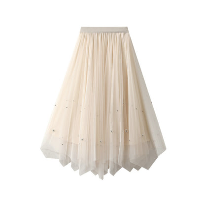 Beaded Mesh Skirt Women High Waist Slimming Irregular Asymmetric Pleated Skirt Mid Length A Line Skirt