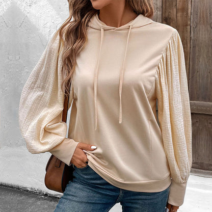 Autumn Pullover Hoodie Stitching Puff Sleeve Hooded Sweater for Women