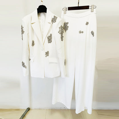 Costume deux pièces avec perles et diamants incrustés de diamants pour l'industrie lourde, Blazer à un bouton, pantalon à jambes larges