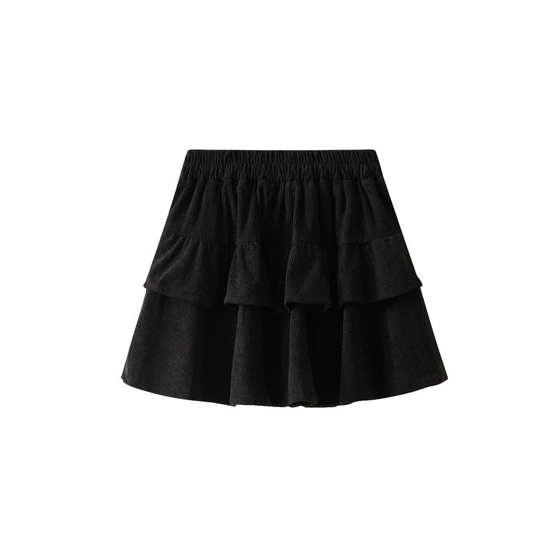 Corduroy Short Skirt for Women Autumn Elastic High Waist Pleated Skirt Anti Exposure Puffy Tiered Dress