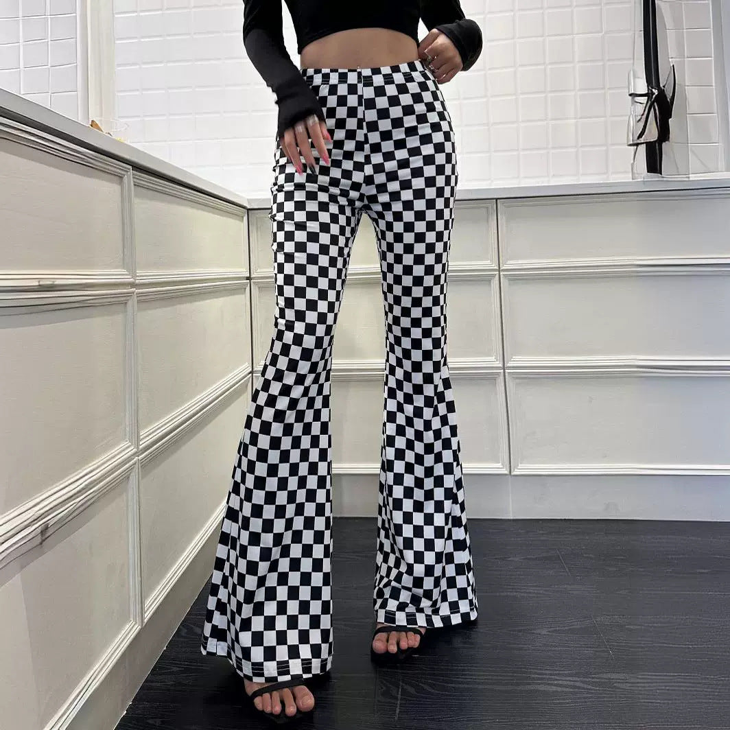 Chessboard Plaid Bell Bottom Pants Women Fitness Yoga Wear High Waist Make Legs Look Long Tight Nude Feel Sports Casual Street