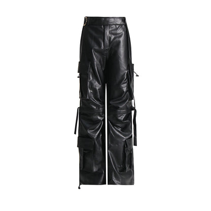 Autumn Minority Multi Pocket Design Faux Leather Overalls Trendy High Waist Straight Leg Pants