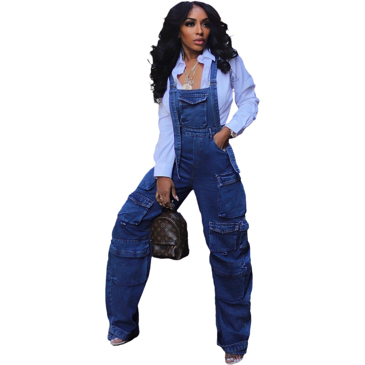 Women Sexy Washed Denim Loose Multi Pocket Suspenders Pants