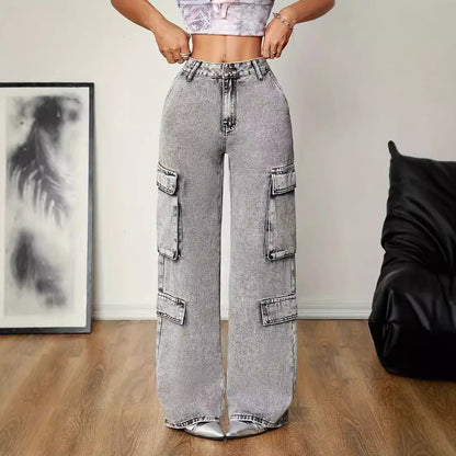 Ropa de mujer Pantalones vaqueros de verano para mujer Pantalones rectos de cintura alta adelgazantes holgados con bolsillos informales