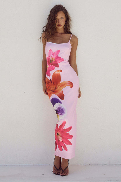 Ropa de verano para mujer Vestido largo ajustado con estampado floral y tirantes sexy