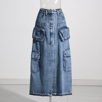 Brand Workwear Bag Skirt High Waist Front Slit Design Denim Solid Color Women Skirt