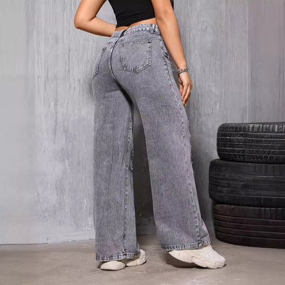 Pantalones de pierna recta para mujer Denim con agujero lavado desgastado calle adelgazamiento Casual años primavera verano