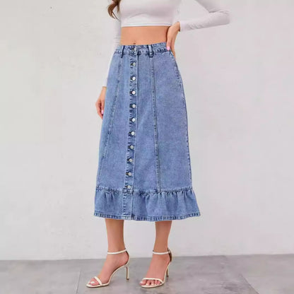 Denim Skirt Women High Waist A line Slimming Cover Fishtail Ruffled Sexy Long Skirt